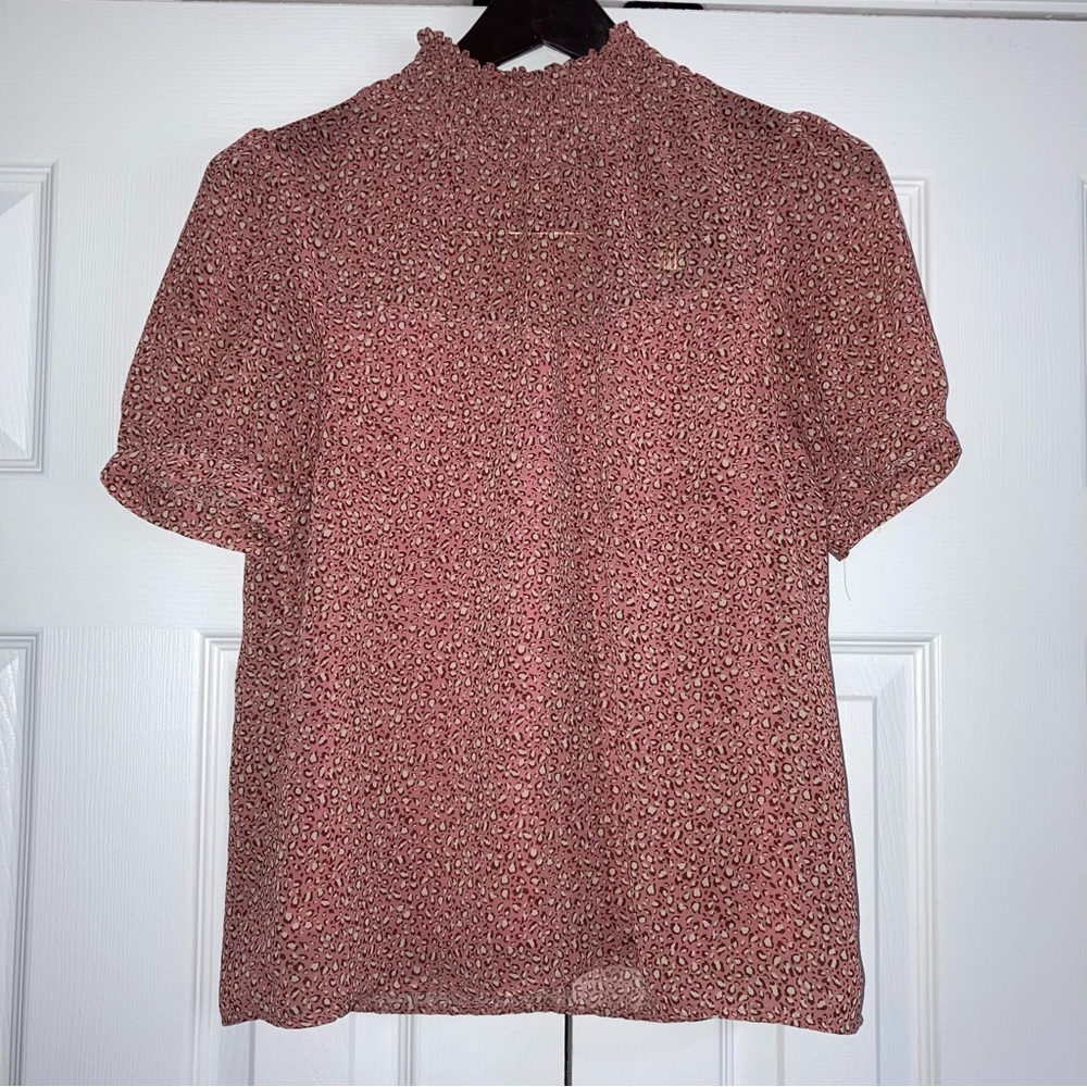 Monteau Los Angeles Pink & Brown Print Short Sleeve Medium Polyester Blouse